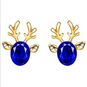 Reindeer Blue & Gold Crystal Stud Christmas Holiday Earrings Nwt